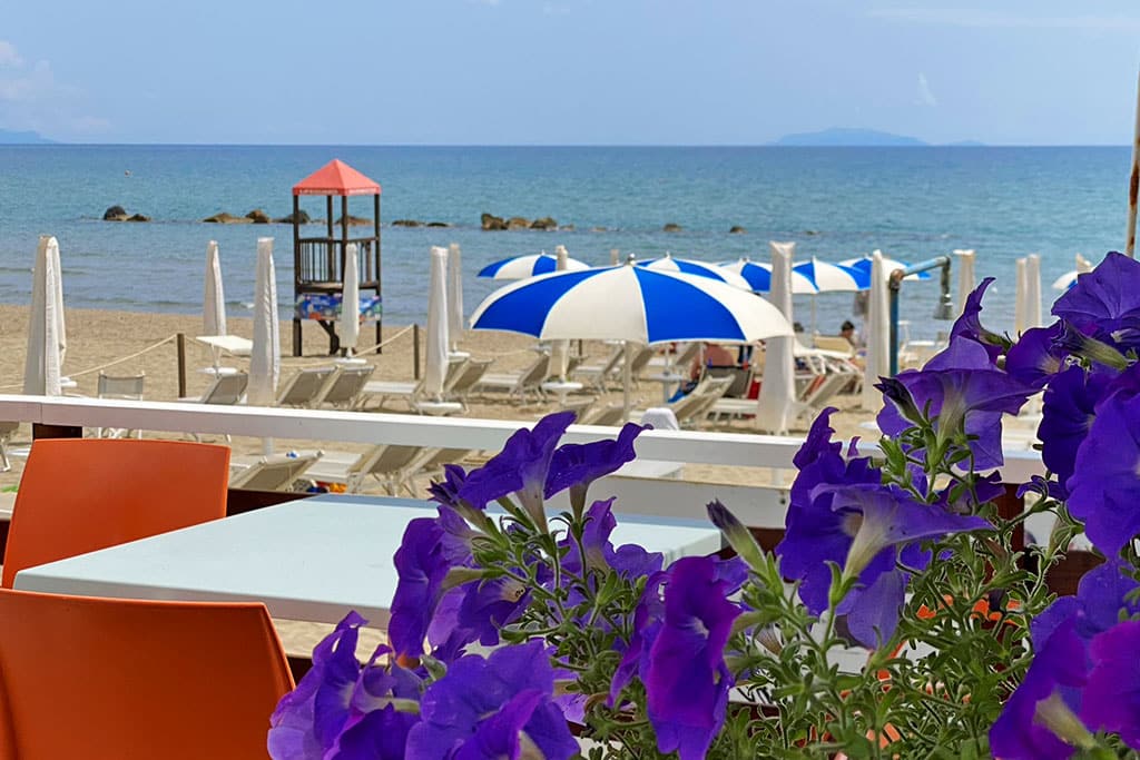 Blaue Blüten und blau-weiß gestreife Sonnenschirme am Strand