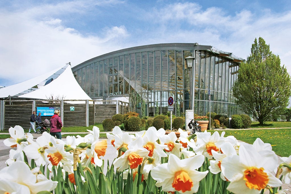 Erlebnisbad-Gebäude mit blühenden Blumen davor