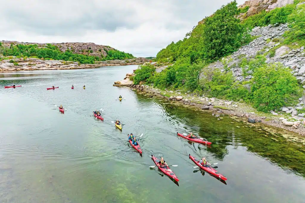 Eine Gruppe Kajakfahrer auf einem Gewässer