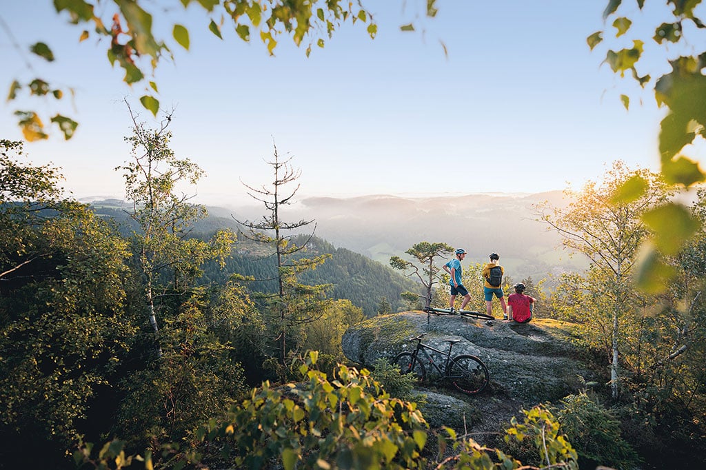 Weite Berg- und Waldlandschaft, drei Wanderer setehn auf einer Anhöhe