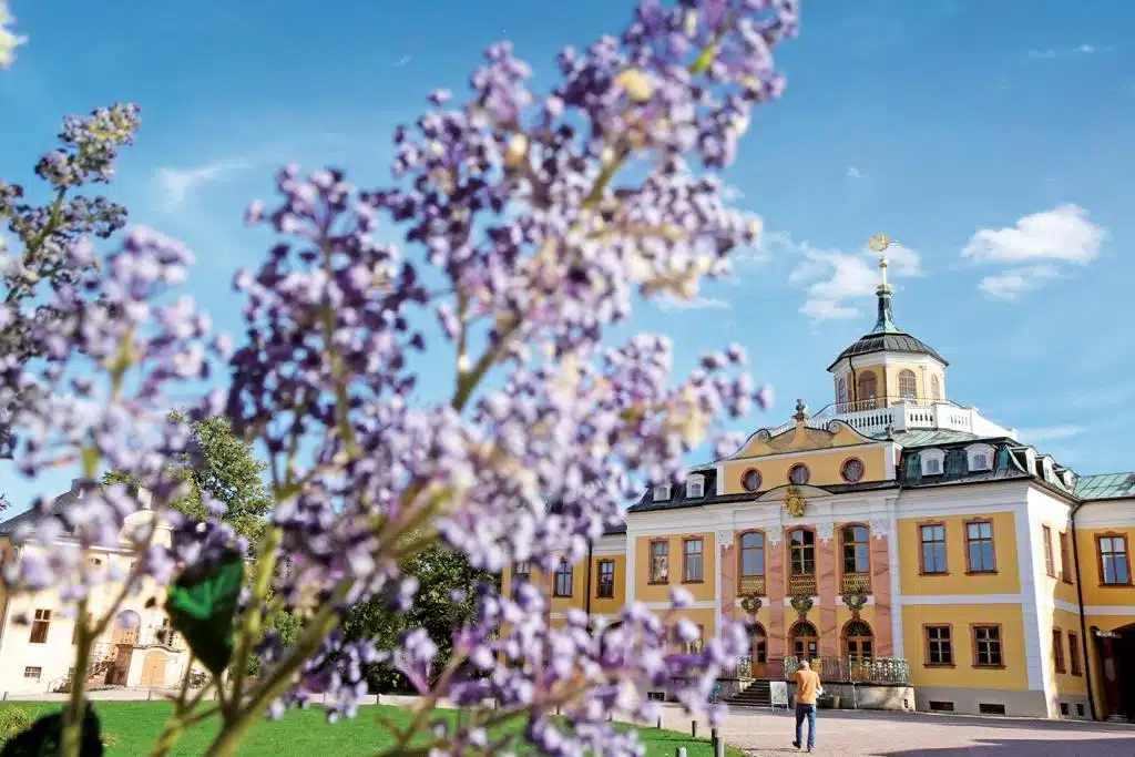 Ein Schloss migelben und lachsfarbenen Fassaden und kleinem Turm