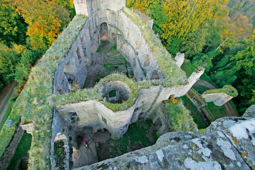 Blick von oben auf eine Burgruine inmitten dichter Wälder