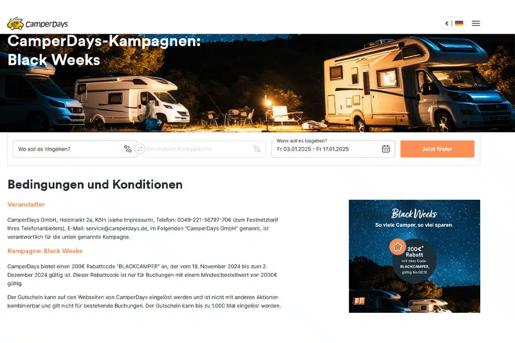 Webseiten-Screenshot CamperDays