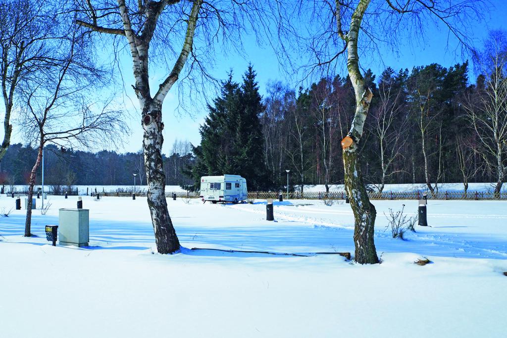 Win Wohnwagen steht auf einem verschneiten Platz, dahinter liegt ein Wald