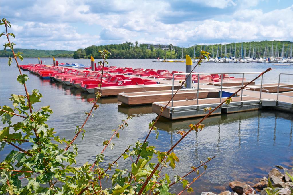 Viele rote Tretboote an einem Holzsteg am See